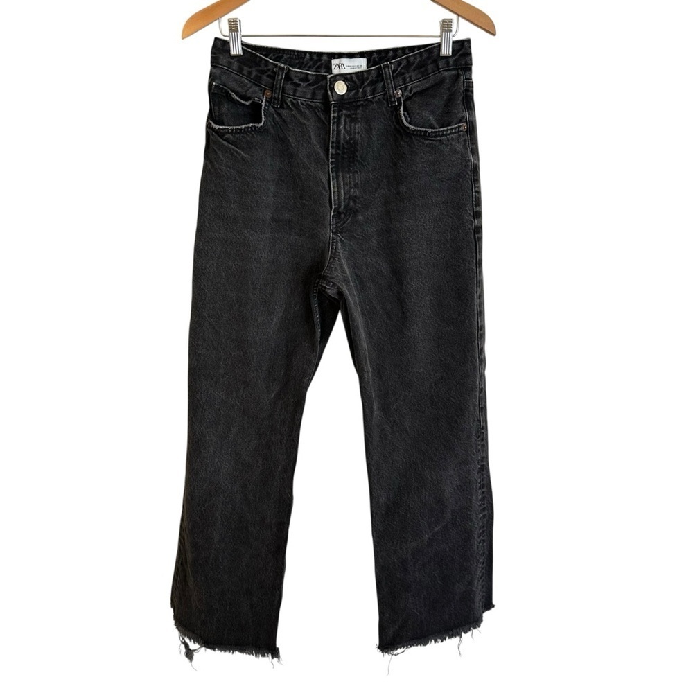 Zara size 8‎ Black Wash Wide Leg Jeans High Waisted 100% Cotton Frayed Hem 29”